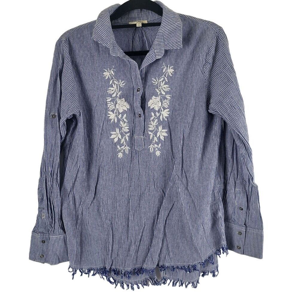 Umgee Pop Over Blouse M Womens Hi Low Raw Hem Long Sleeve Blue Cottage Core